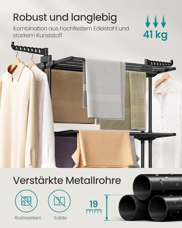 SONGMICS Сушарка для білизни на коліщатках, 4 яруси, розкладна, чорна, 63.5 x 125.5 x 173 см, LLR703G01