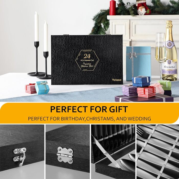 Набір столових приборів Velaze, 24 штуки, нержавіюча сталь 18/10, набір столових приборів на 6 осіб (ложки, виделки, ножі, чайні ложки), полірований, з подарунковою коробкою, придатний для миття в посудомийній машині