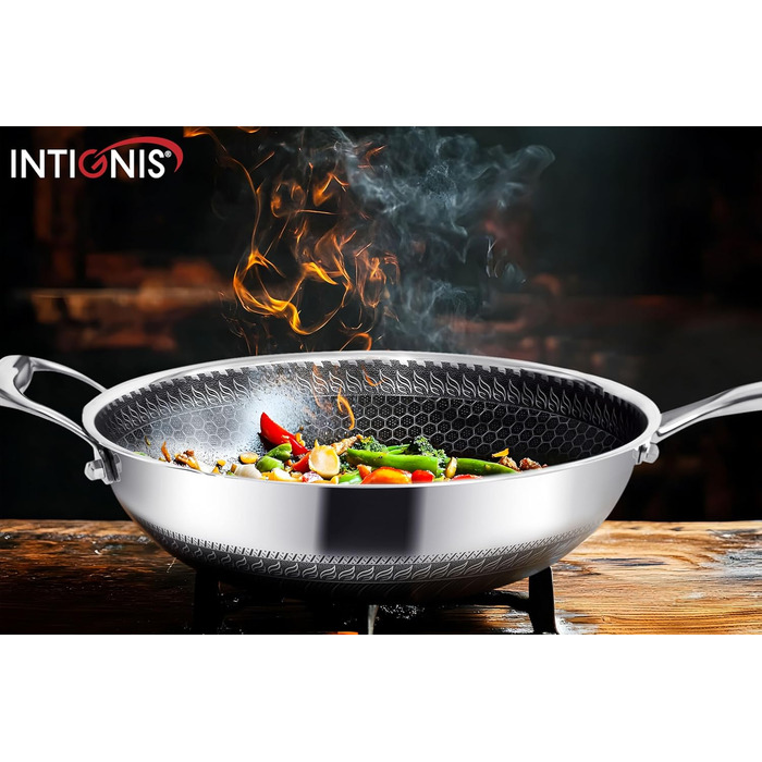 INTIGNIS® Преміум вок-сковорода з нержавіючої сталі – гібридне антипригарне покриття, стійка до подряпин, міцна, німецькі технології, сумісна з індукцією (28 см)