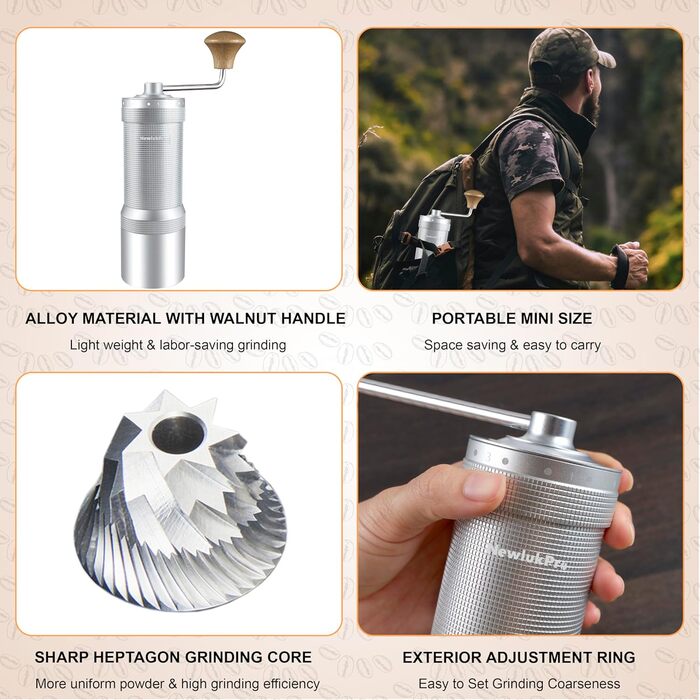 NewlukPro M7 Manual Coffee Grinder, sharp heptagonal burr, walnut handle, coffee grinder with 48 settings, three-tier coffee grinder, small coffee grinder for pour-over French Press Espresso