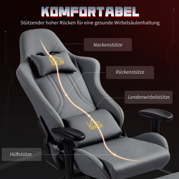 Крісло ігрове HOMCOM з ергономічною підтримкою спини, 3D-підлокітниками, регулюванням та роликами, з поперековою підтримкою, сірого кольору