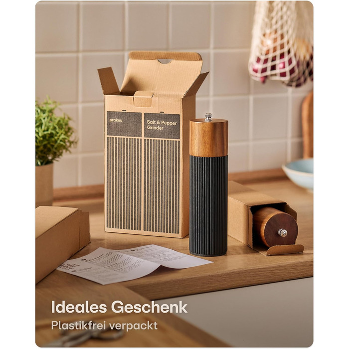 Набір для солі та перцю Praknu з акації FSC® з керамічним жорном – безступеневе регулювання та довговічність – для перцю та солі – дерев'яна млинка для спецій – набір млинок для солі та перцю – чорний – великий