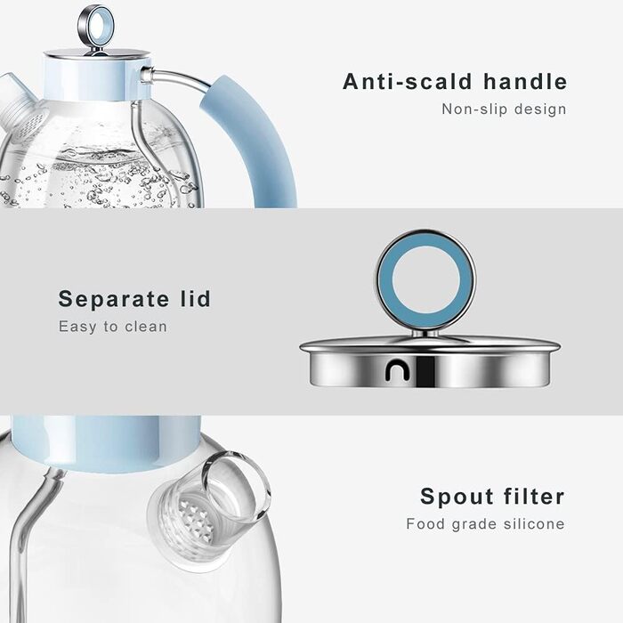 Електричний чайник ASCOT зі скла, 1,5L, блакитний, з функцією захисту від сухого кипіння та автоматичним вимкненням. Ідеальний подарунок для чоловіків, жінок та сім'ї.