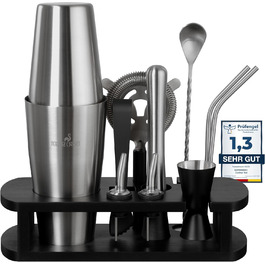 BARMINGO Stainless Steel Cocktail Set - 11 Piece Boston Shaker Set with Stand & Bar Accessories | Cocktail Shaker Set, Bartender Set, Bar Set | Black Silver