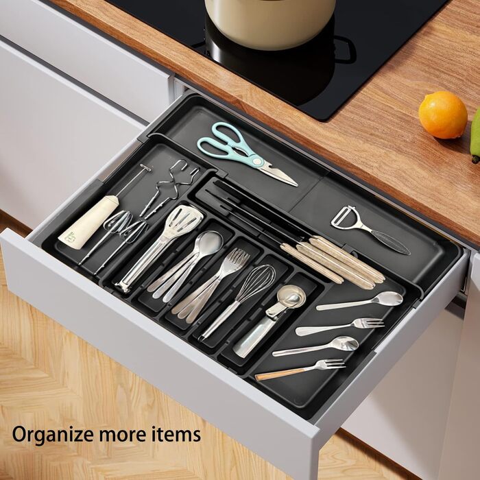 Органайзер для столових приборів в шухляду, розширюваний, чорний. Тримач для ложок, виделок, ножів. Регульований роздільник для кухонних ящиків