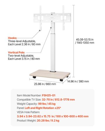 Підставка для телевізора VEVOR на колесах, телевізійна візок для телевізорів 81-178 см (812,8-1778 мм), до 45 кг, поворот 25° вліво/вправо, регульована по висоті, з полицею для кута спальні/вітальні (макс. 600 x 400 мм)