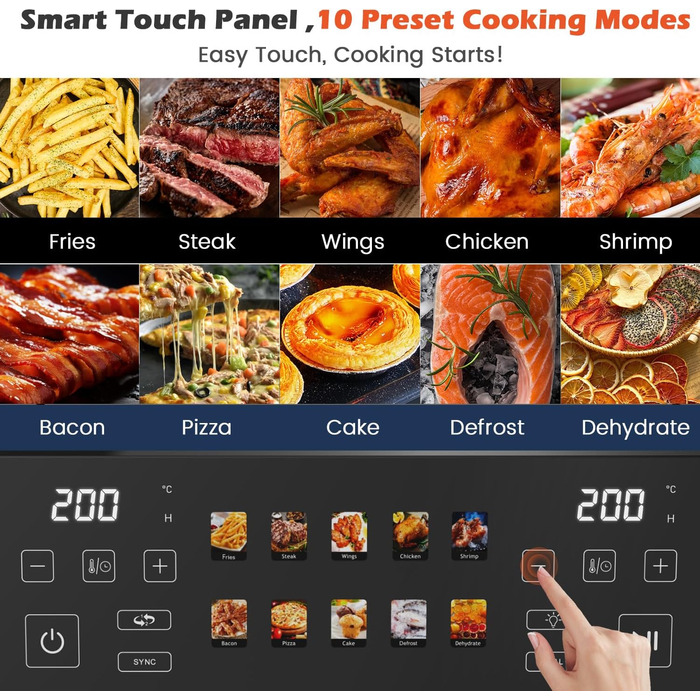 Фритюрниця повітряна KAITOL Dual Zone 10L, 2400W з подвійними зонами, 10 програм, цифровим дисплеєм, антипригарним покриттям, функціями розморожування та випікання, чорного кольору