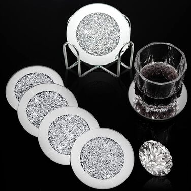 7-Piece Glass Coaster Set, 6 Crystal Coasters with Holder for Drinks, Silver, Glitter, Table, Bar Accessories (round)