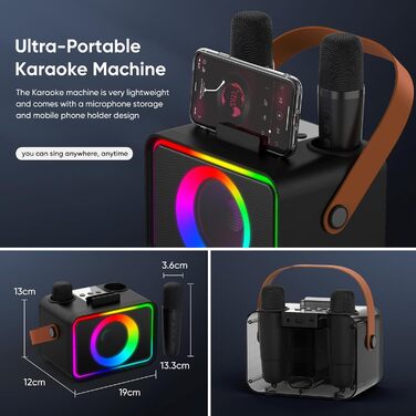 Караоке-машина з 2 мікрофонами Bluetooth для дітей та дорослих, портативна колонка з диско-підсвіткою для вечірок та сценічних виступів, подарунок для сім'ї - багатокольорова