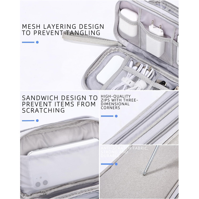 Органайзер для кабелів Sobeau: електронна дорожня сумка для адаптерів, кабелів, зарядних пристроїв та Powerbank (сірий)