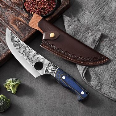 Японський ніж для обробки м'яса Doklasu, ручної роботи, full tang, з високоякісної сталі 5Cr15MoV, з червоним дерев'яним руків'ям та піхвою (15 см)