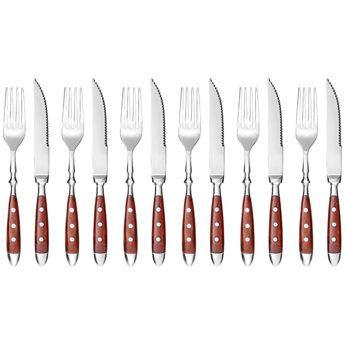 Набір столових приборів GRÄWE для стейку, 12 предметів, нержавіюча сталь полірована, коричнева ручка, для 6 осіб, посудомийна машина