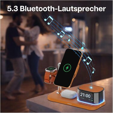 Бездротова зарядна станція 5-в-1 MMOBIEL з годинником, Bluetooth-динаміком та нічником LED для MagSafe – 25W Qi2.2. Магнітний бездротовий зарядний пристрій для iPhone, Apple Watch та AirPods (Помаранчевий)