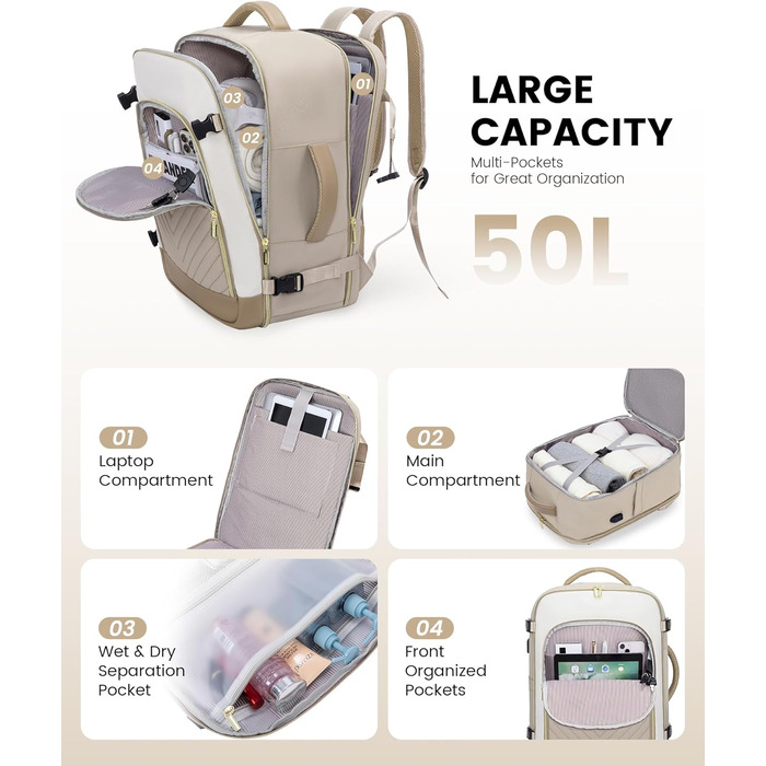 Рюкзак LOVEVOOK для жінок, 40л, ручна поклажа, для ноутбука 18 дюймів, водонепроникний, для подорожей, бізнесу, сумка-дуфіль, набір ручної поклажі, бежевий, хакі