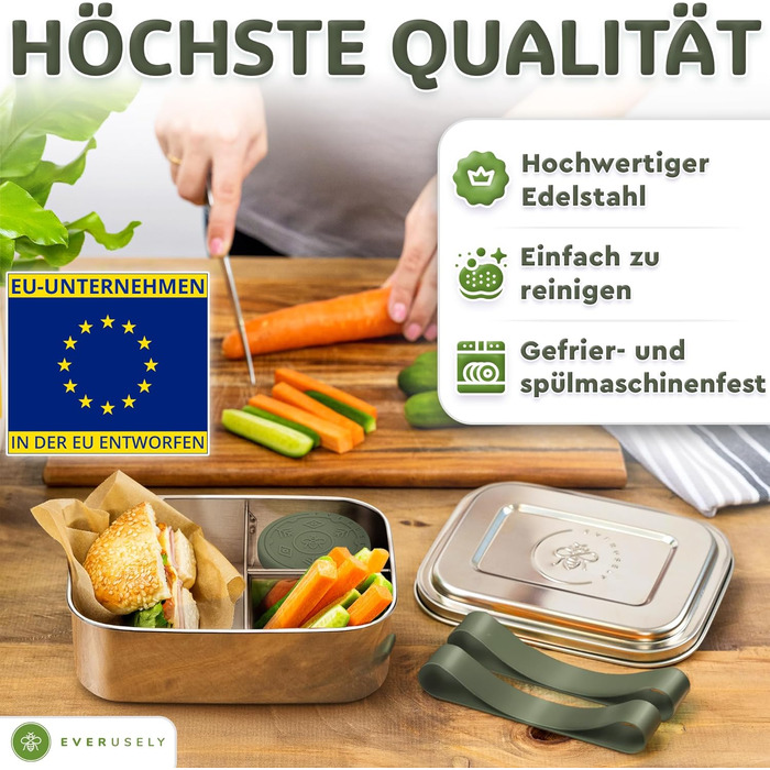 Бенто-бокс Everusely 0.8L з нержавіючої сталі з контейнером для спецій та органайзером для перекусів (3 відділення)