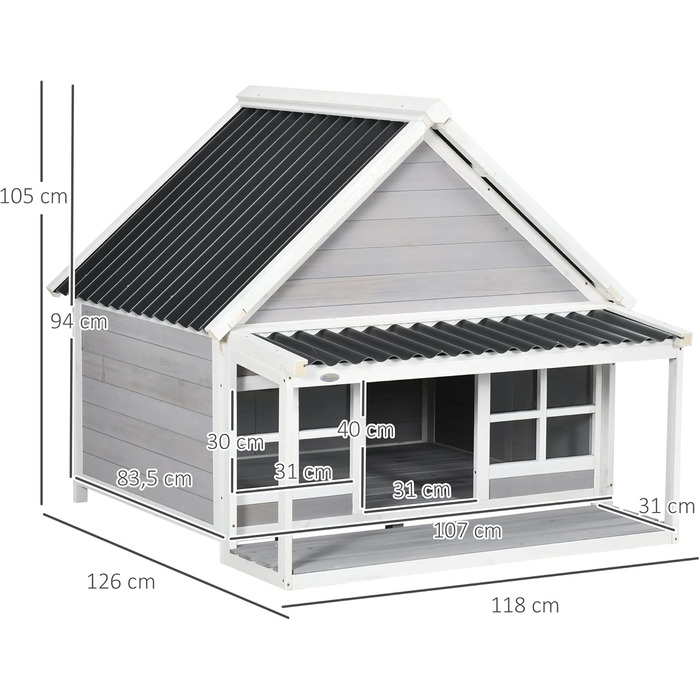Будинок для собак PawHut з дашком, для середніх та великих собак, вуличний, з вікном, з соснового дерева, 126 x 118 x 105 см
