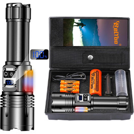 Ліхтарик LED акумуляторний, тактичний, 500000 люмен, 9 режимів, COB бічне світло, USB-C, для кемпінгу та надзвичайних ситуацій, чорний