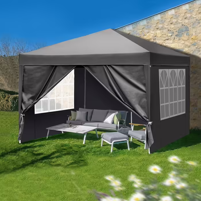 3x3m Gazebo, Pop-up Folding Gazebo, Waterproof, Winterproof, Adjustable Height, UV Protection 50+, Steel Frame, for Garden, Party, Camping, Outdoor, with 4 Side Panels, Dark Grey