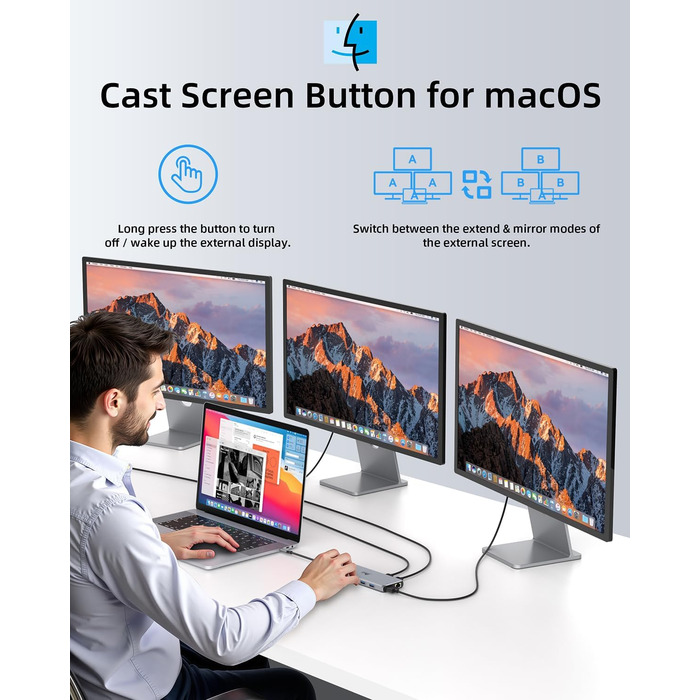 Док-станція USB-C 13-в-1 для ноутбуків: Dual Monitor, HDMI, DisplayPort, USB 3.0, Ethernet, PD 100W, SD/TF, Audio/Mic (сірий)
