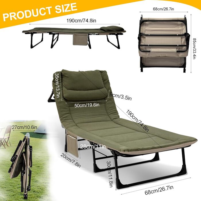 Розкладне ліжко-крісло для кемпінгу з матрацом, 6 положень спинки, ліжко для риболовлі, Outdoor ліжко XXL, 65x190x30 см, 1-місне, для відпочинку на природі