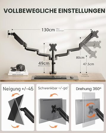 Кронштейн для 3 моніторів ErGear (13-27 дюймів), тримач для екранів з 2 USB-портами, VESA 75/100, навантаження до 8 кг на руку, чорний