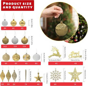 Набір прикрас для ялинки Aufun 108 шт. Преміум якість, пластик, з верхівкою, ялинкові кулі, зірки, безпечні прикраси, ялинкові кулі багаторазового використання, декор для ялинки (шампань, срібло)