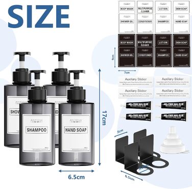 Набір дозатора мила для стін 4er, 300 мл, сірий. Дозатор мила без свердління, набір з 12 етикеток для душу/кухні/ванної кімнати