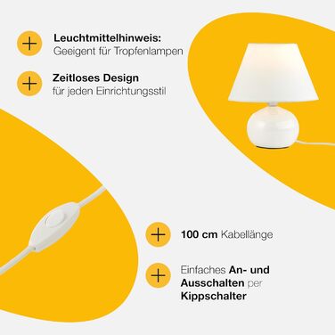 BRILLIANT Primo: стильна настільна лампа з тканинним абажуром – маленька лампа для нічного столика, спальні та вітальні – патрон E14 та вимикач – білий