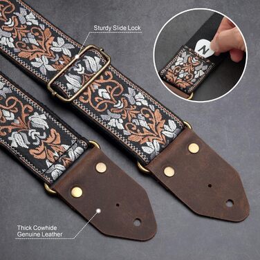 Гітарний ремінь Nefelibata з жаккардової бавовни з шкіряними кінцями Crazy Horse для бас-гітари, електрогітари та акустичної гітари, подарунок для дітей, гітаристів, ретро коричнева квітка