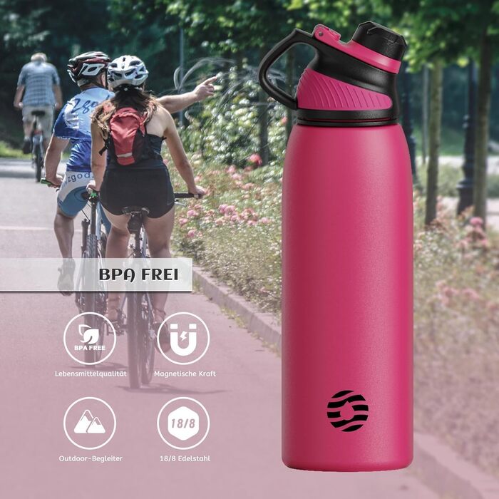 Stainless Steel Water Bottle 600 ml/800 ml/1 l with Magnetic Lid, BPA-Free, Insulated Water Bottle, Sports Metal Water Bottle, Hot and Cold Drinks, Vacuum Flask, Work, Travel (1000 ml, Pink-1)