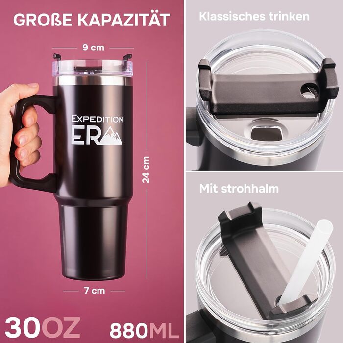 Термокружка з трубочкою 880 мл, з кришкою та ручкою, нержавіюча сталь, ізольована, велика, термокружка-чохайстер, для напоїв, подорожей, кави на виніс XXL (Чорний)