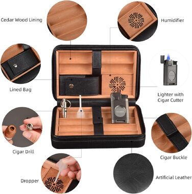 Чохол для сигар з шкіри, вологомір та запальничка 3-в-1, портативний, на 6 сигар, плоский різак, аксесуари, подарунок (чорний)