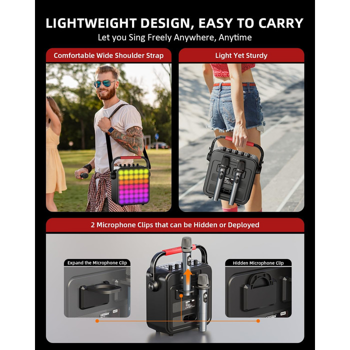 Караоке Машина з 2 мікрофонами, Bluetooth, PA Система з FM, USB, TF, AUX, Ехо, Регулювання Bass/Treble, Чорний