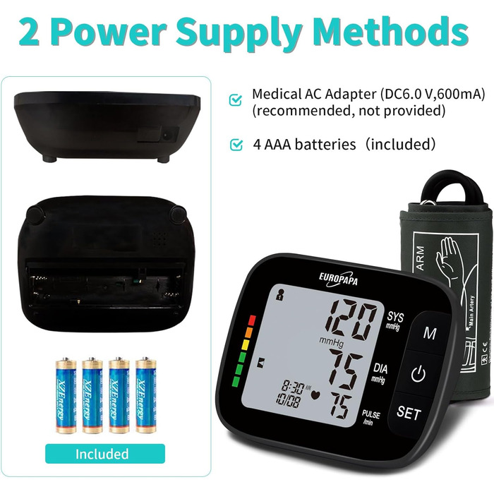Тонометр EUROPAPA на плече для дому, вимірювання пульсу та артеріального тиску, велика манжета (22-42 см), 2 * 60 пам'ять, для 2 користувачів (чорний)