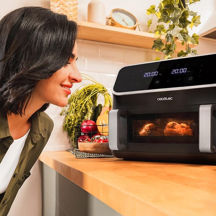 Cecotec Digital Hot Air Fryer 9L with Window - Air Fryer Cecofry Panoramic 9000. 2700W, movable divider, dual temperature, temperature from 80-200 ºC, 8 modes, multifunctional touch panel Black | Window 1 Basket 9 Liters + Divider | 12 Modes