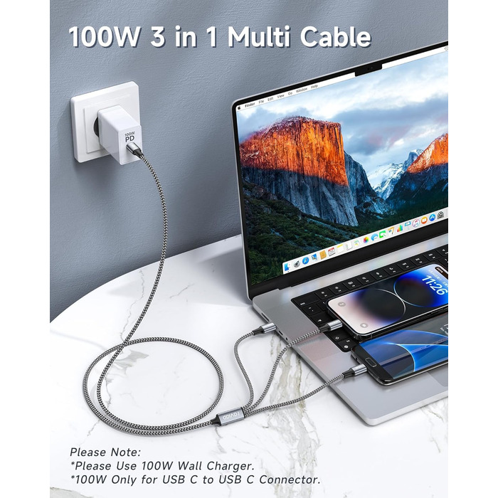 Кабель RAVIAD 100W USB-C на 3 USB (USBC, Micro, Lightning) 2м, сірий. Швидка зарядка для iPhone, Galaxy, MacBook