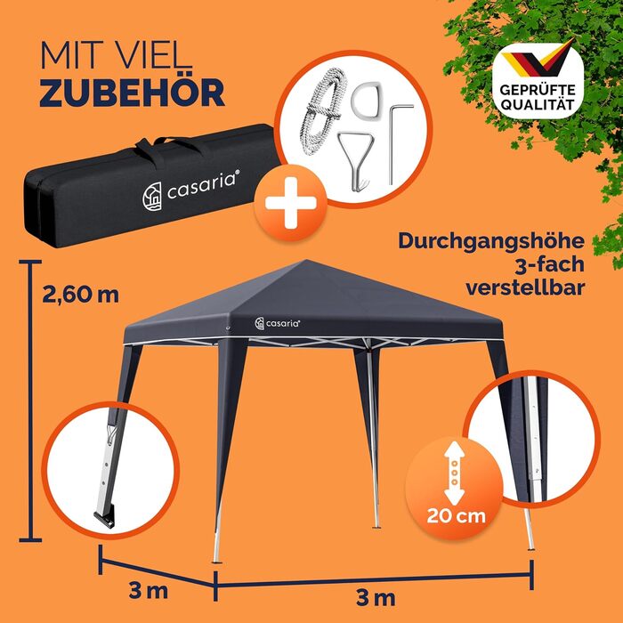 CASARIA® Capri Pavilion 3x3m Pop-Up UV Protection 50+ Waterproof Winter-Proof with Bag Foldable Stable Camping Garden Pop-Up Pavilion Party Tent Anthracite