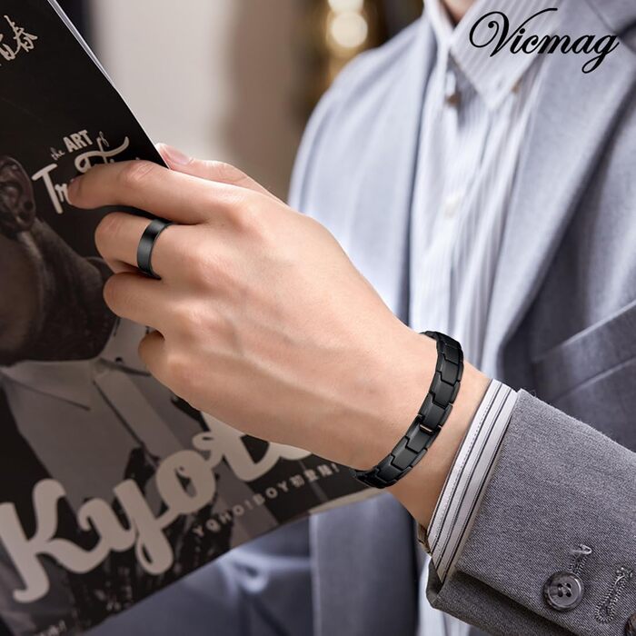 Браслет магнітний чоловічий Vicmag з титанової сталі, подвійний ряд магнітів, регулюється, з подарунковою коробкою (однорядний, чорний)