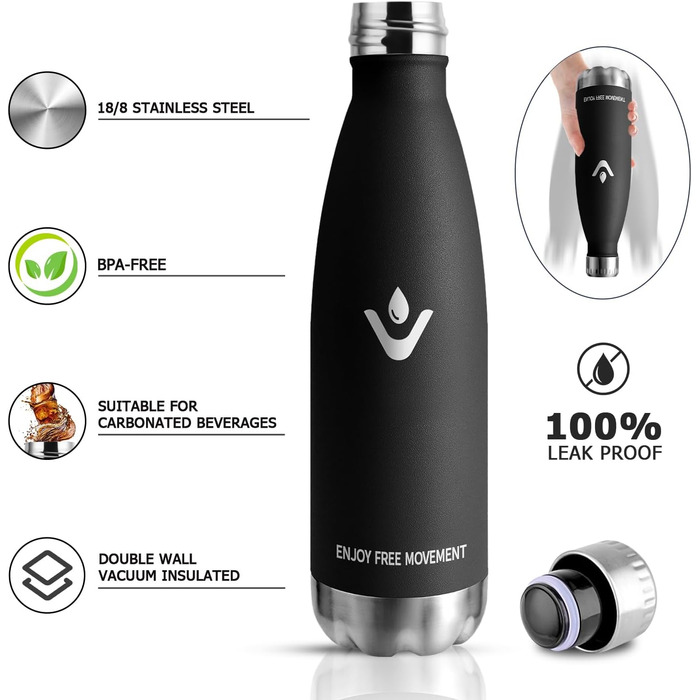 Термос-пляшка 750 мл, нержавіюча сталь, BPA-Free, для спорту та подорожей, з вуглекислим газом, витривала, витік неможливий, для хлопчиків та дівчаток, Outdoor, темно-зелений (750 мл, чорний)
