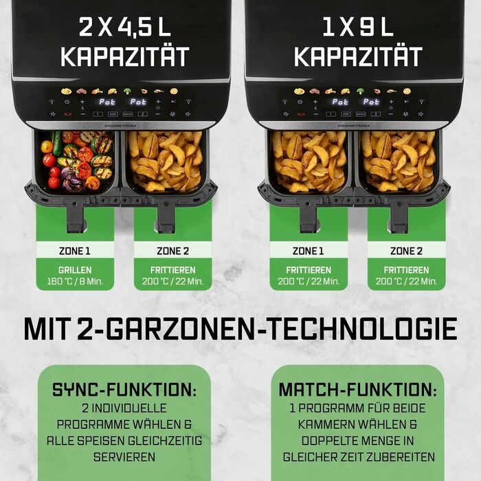 Фритюрниця повітряна Gourmetmaxx AirGenius 9 л з 2 відсіками | 8 програм | Мульти-кухня для 8 осіб | Сенсорний дисплей