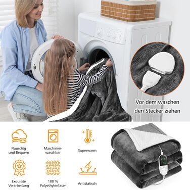 Електрична ковдра OneAmg з таймером та пультом, 155x180 см, 6 режимів нагріву, машинне прання, блакитна з кишенькою сірого кольору