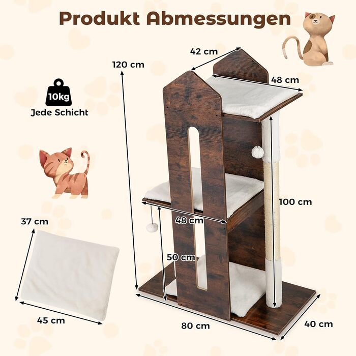 Кігтеточка для котів COSTWAY з будиночком та м'якими килимками, дерев'яний будиночок для котів, кігтеточка-кліматичне дерево, ігровий комплекс для котів 69x39x80,5 см (коричневий)