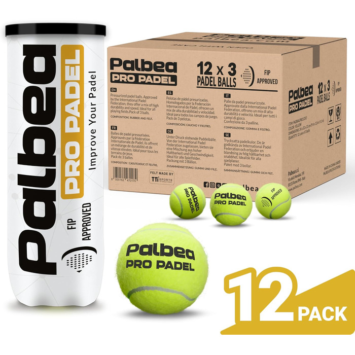 Palbea PRO Padel: м'ячі для падел-тенісу, FIP сертифіковані, преміум якість. Ідеально для тренувань та турнірів. Упаковка: картон x 6/12/24 банки.