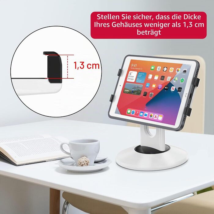 Тримач для планшета AboveTEK для iPad Pro, Air, Mini та POS-терміналів, підставка з двома затискачами та обертанням 360°, для столу та кухні, підходить для пристроїв від 6 до 13 дюймів (білий)