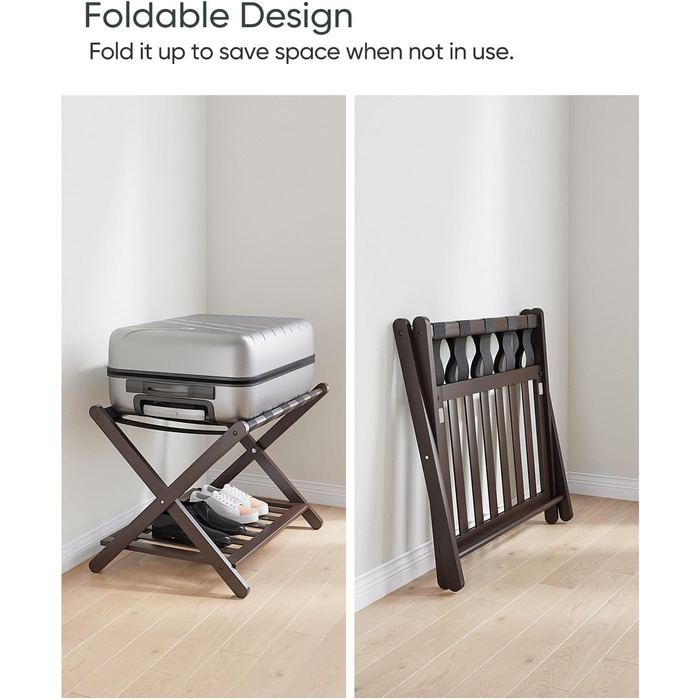 Fully assembled bamboo luggage rack with 5 straps, 2-tier foldable suitcase stand, wide wooden luggage holder, foldable luggage shelves, ideal for guest rooms, bedrooms, hotels, (1 pack of brown bamboo)