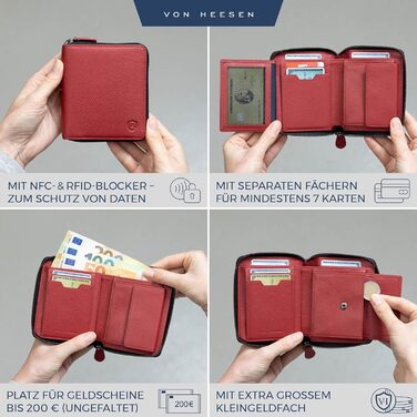 Шкіряний гаманець VON HEESEN з RFID-захистом, червоний, для жінок і чоловіків, з монетницею