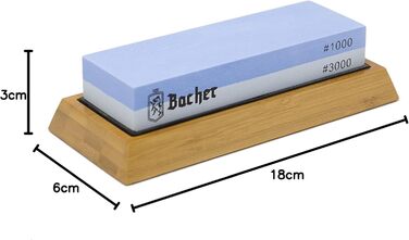 Преміум точильний камінь Bacher. Двобічний, зернистість 400/1000. Точило для ножів з антиковзним бамбуковим блоком, камінь для заточування, допоміжний інструмент для заточування та детальна інструкція у форматі eBook.