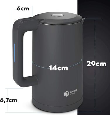 Balter Stainless Steel Kettle WK-4, 1.7 Liter, Electric Kettle, Double-Walled Design, BPA Free, LED, Compact Tea Kettle, Quiet (Black) (Gray)
