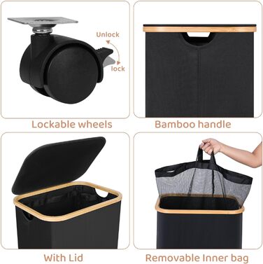 iEGrow Laundry Basket with Lid 75L, Narrow Laundry Baskets with Removable and Washable Inner Pocket, Laundry Hamper with Wheels, Foldable Laundry Baskets for Laundry Room, Bedroom, Bathroom (Black)
