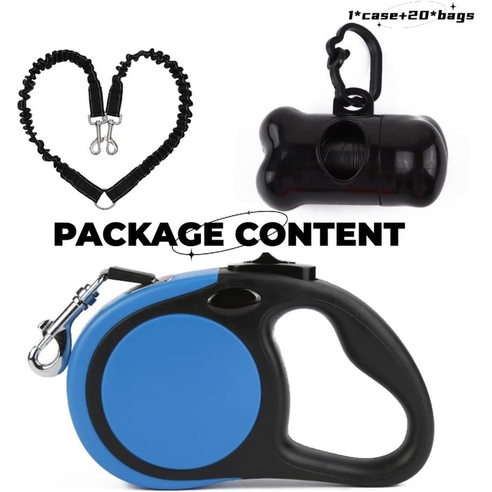 Висувна повід для 2 маленьких собак (до 20 кг кожна), 4.8 м, повід з мішками для екскрементів, неслизька ручка, однокнопкове управління, 360° без перекручування, розмір M (Блакитний)